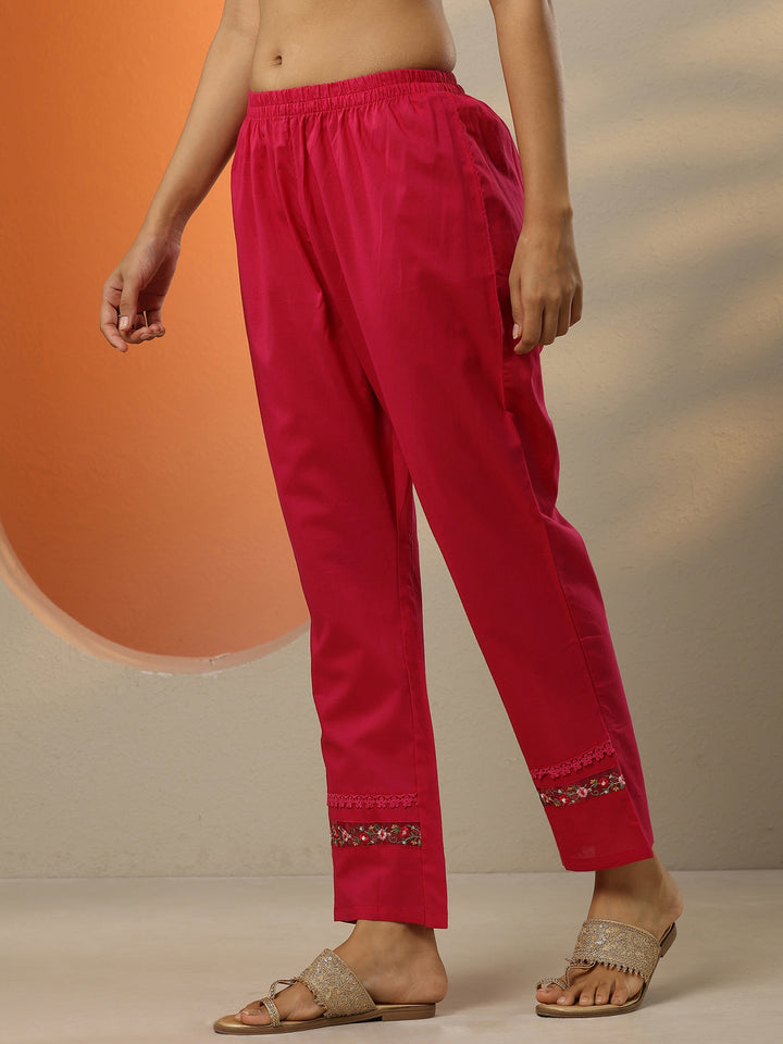 Magenta Embroidered Cotton Straight Suit Set With Dupatta