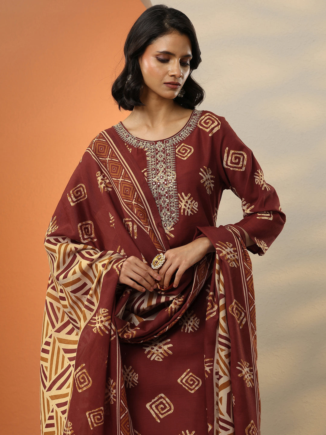 Maroon Printed Cotton Blend  Straight Suit Set With Dupatta