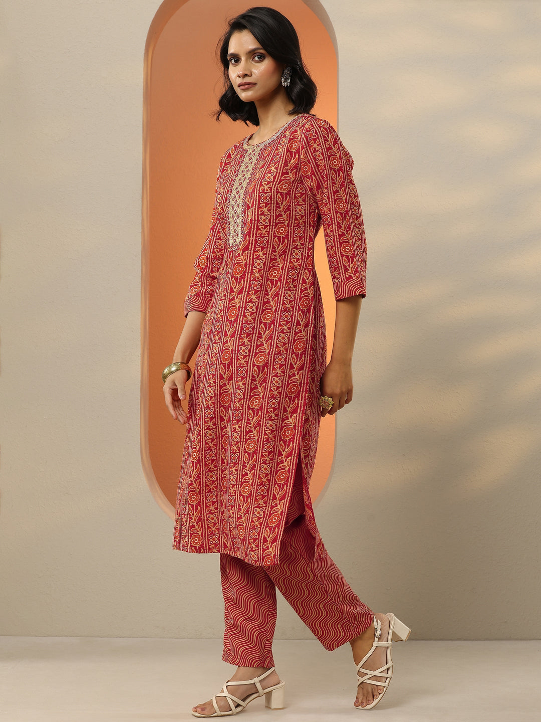 Red Printed Cotton Blend  Straight Suit Set With Dupatta