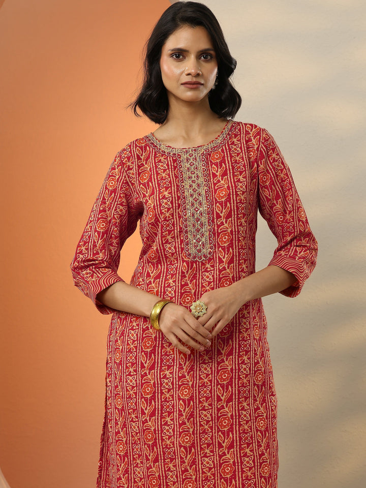 Red Printed Cotton Blend  Straight Suit Set With Dupatta