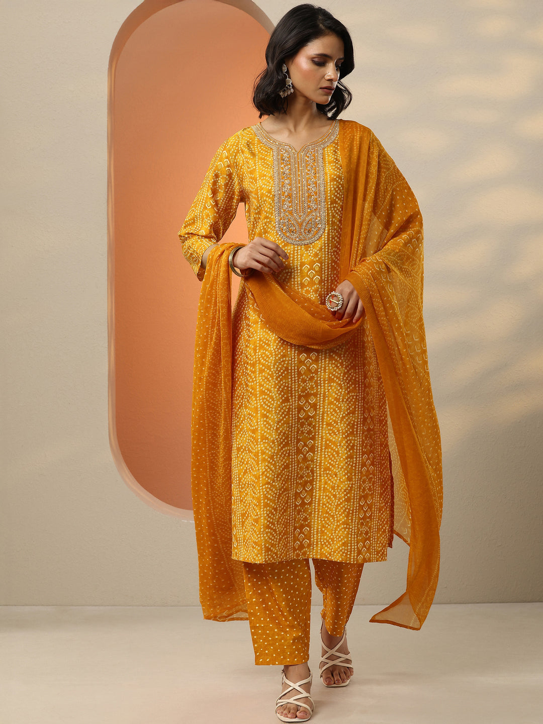 Mustard Bandhani Printed Silk blend Straight Suit Set With Dupatta