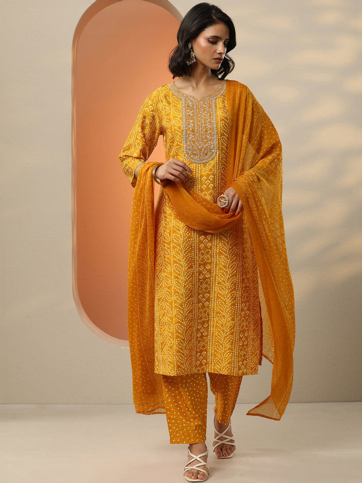 Mustard Bandhani Printed Silk blend Straight Suit Set With Dupatta