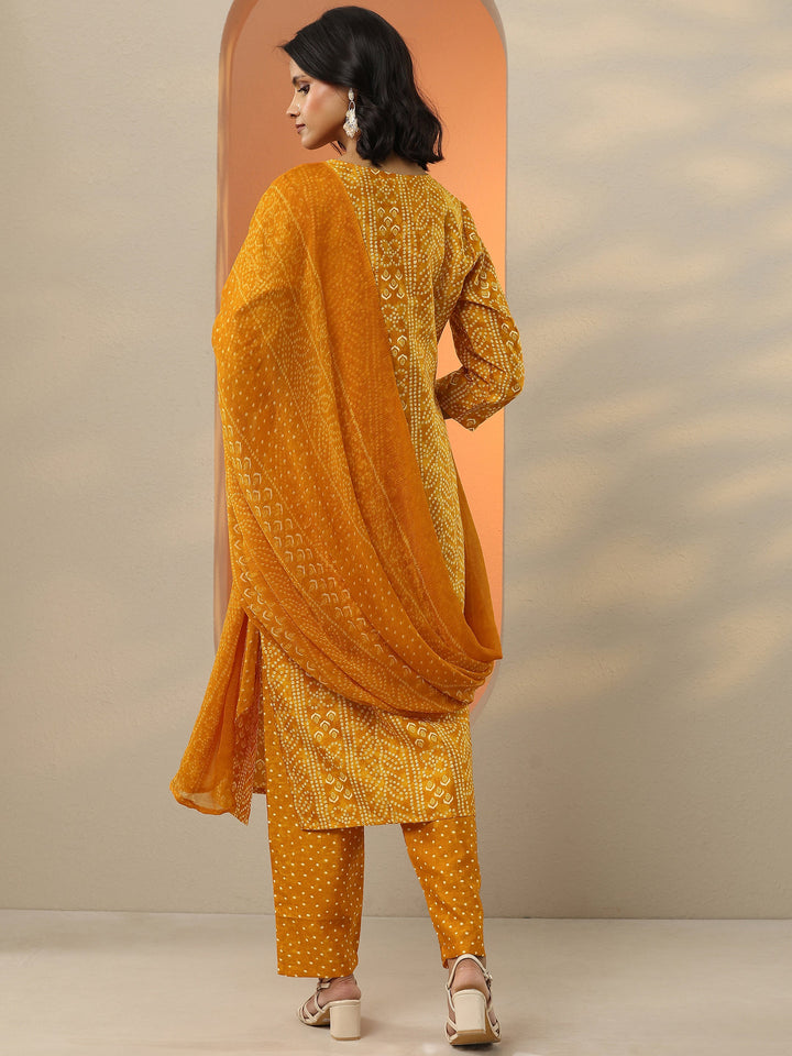 Mustard Bandhani Printed Silk blend Straight Suit Set With Dupatta