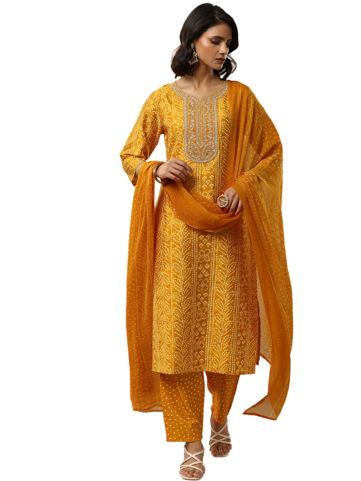 Mustard Bandhani Printed Silk blend Straight Suit Set With Dupatta