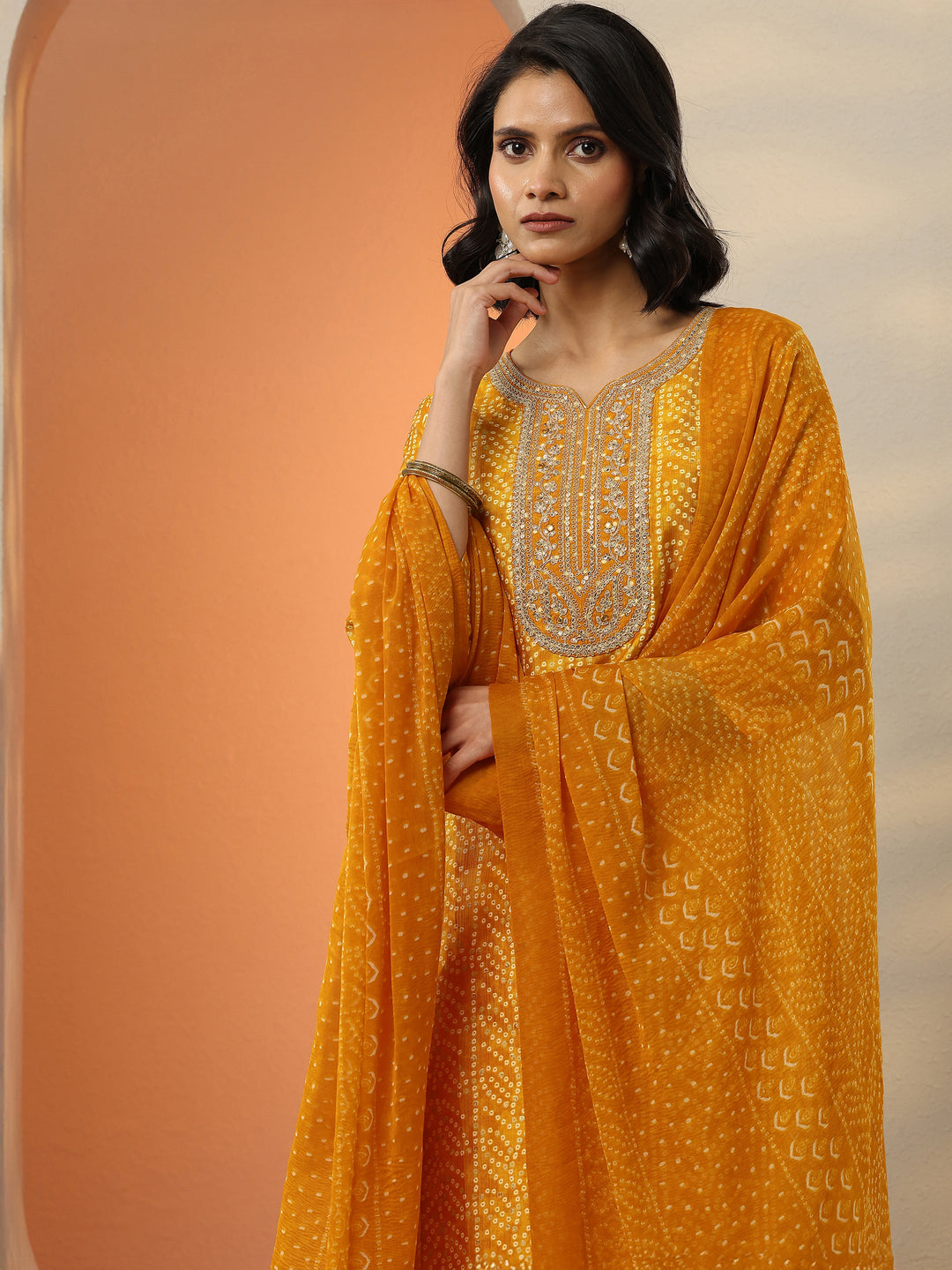 Mustard Bandhani Printed Silk blend Straight Suit Set With Dupatta