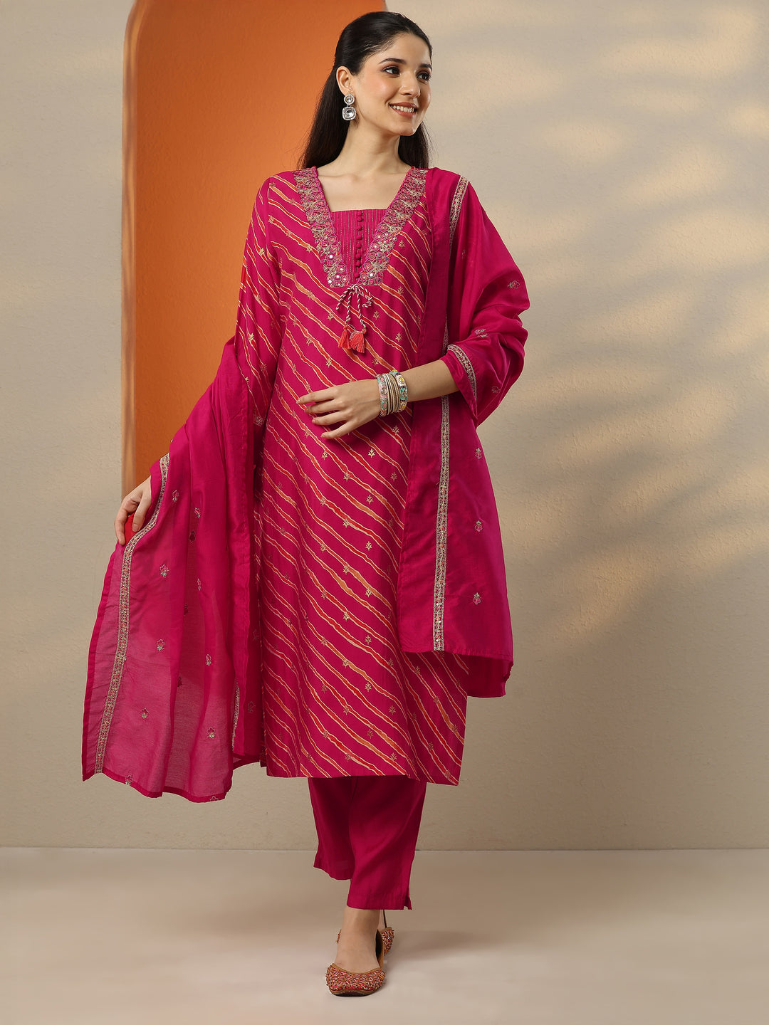 Pink Printed Silk blend Straight Suit Set With Dupatta