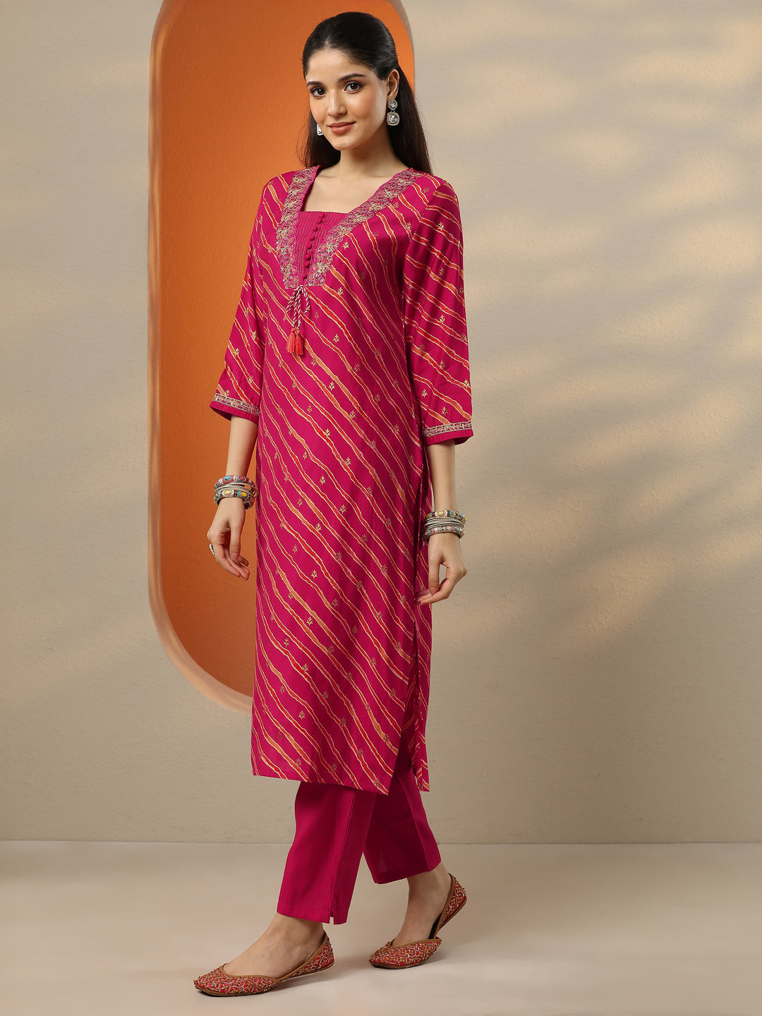 Pink Printed Silk blend Straight Suit Set With Dupatta