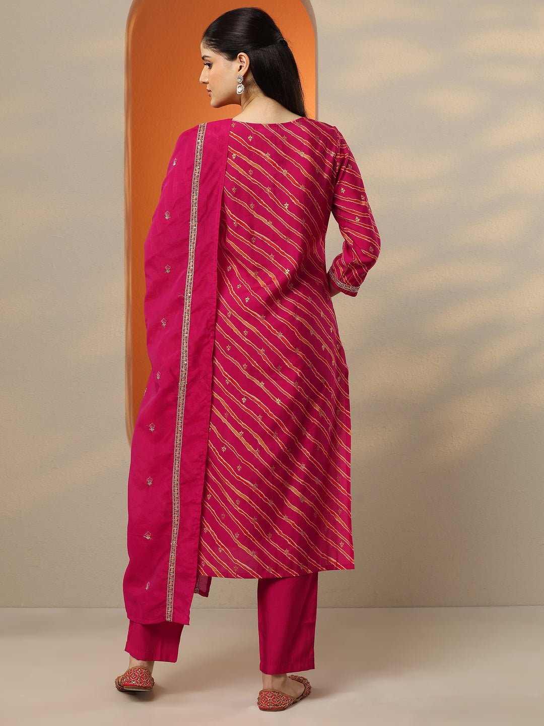 Pink Printed Silk blend Straight Suit Set With Dupatta