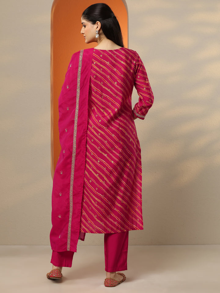 Pink Printed Silk blend Straight Suit Set With Dupatta