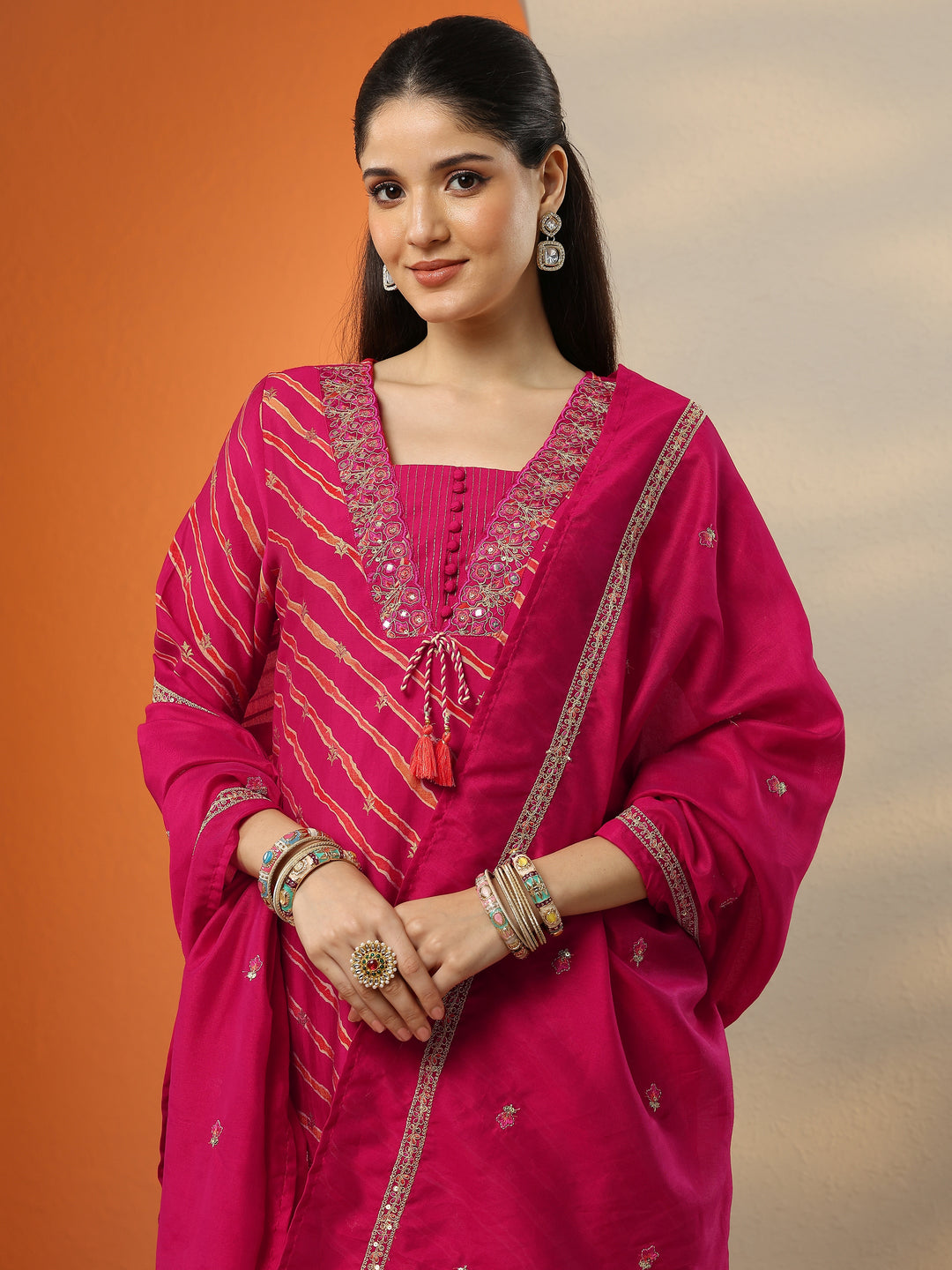 Pink Printed Silk blend Straight Suit Set With Dupatta