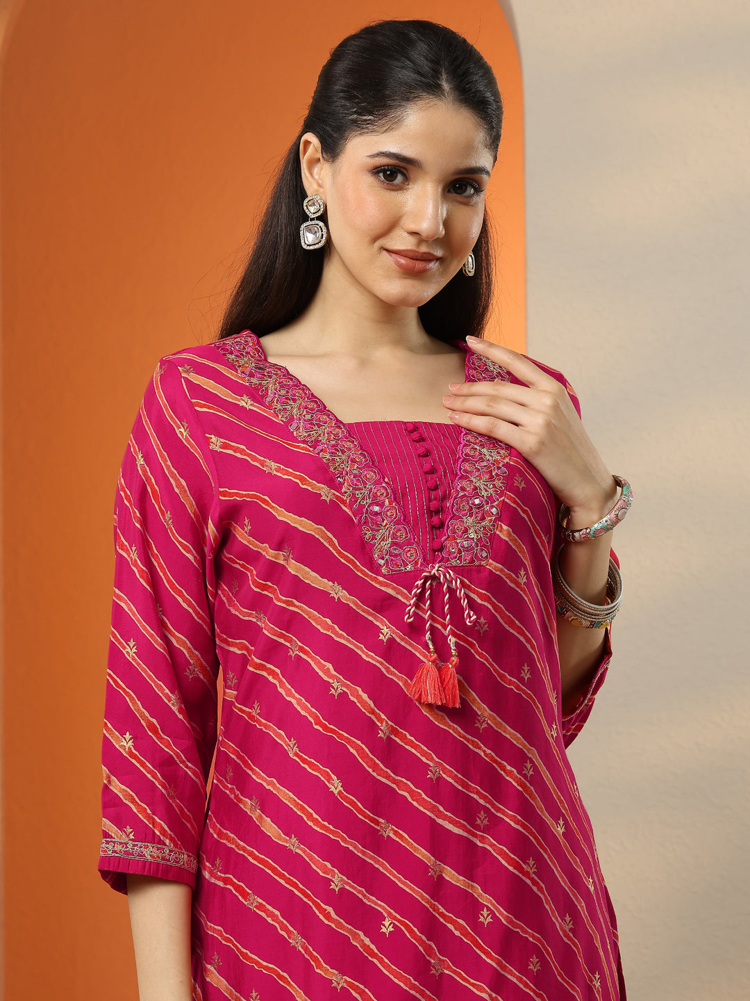 Pink Printed Silk blend Straight Suit Set With Dupatta