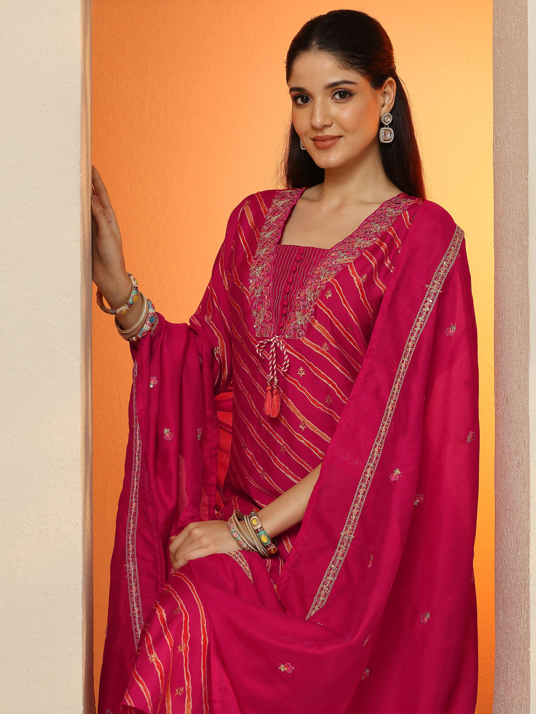 Pink Printed Silk blend Straight Suit Set With Dupatta