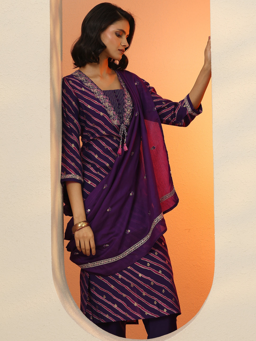 Purple Printed Silk Blend  Straight Suit Set With Dupatta