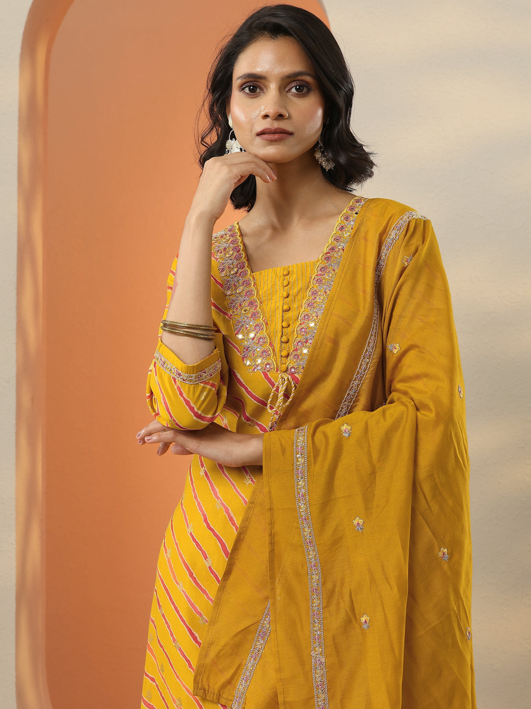 Mustard Printed Silk Blend  Straight Suit Set With Dupatta
