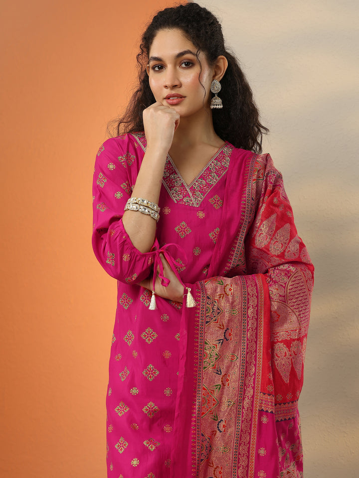 Pink Printed Silk Blend  Straight Suit Set With Dupatta