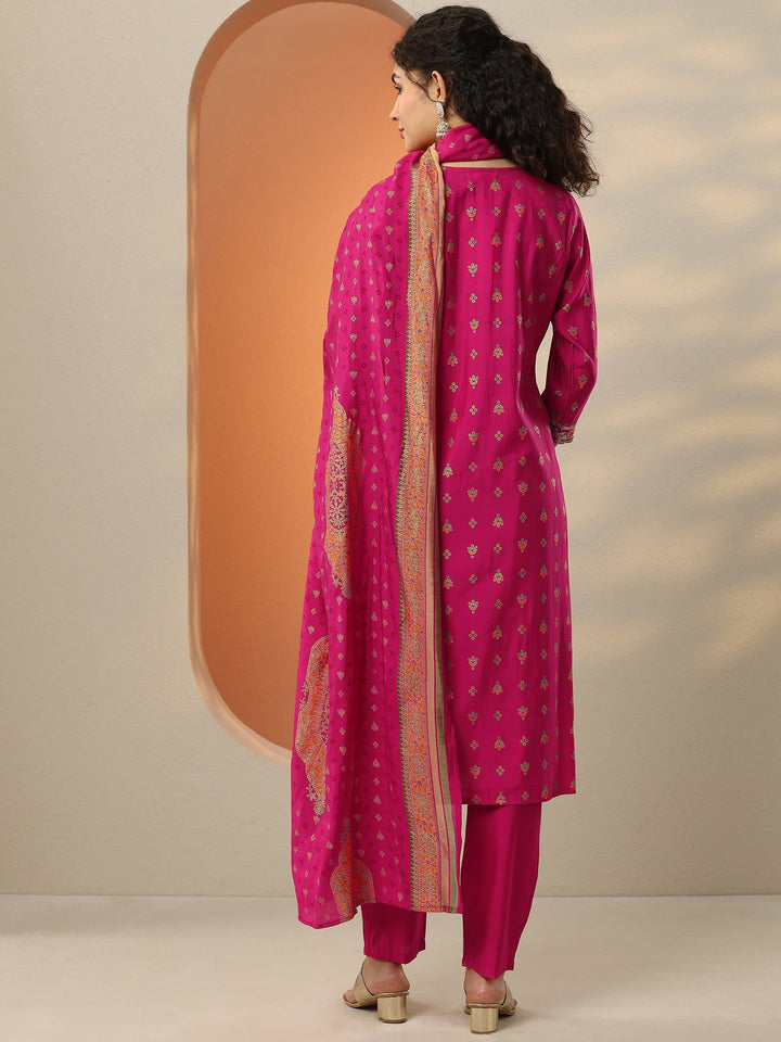 Pink Printed Silk Blend  Straight Suit Set With Dupatta