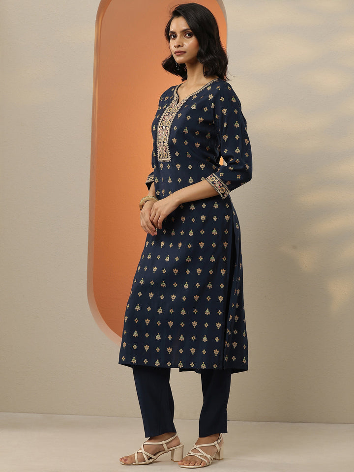 Blue Printed Silk Blend  Straight Suit Set With Dupatta