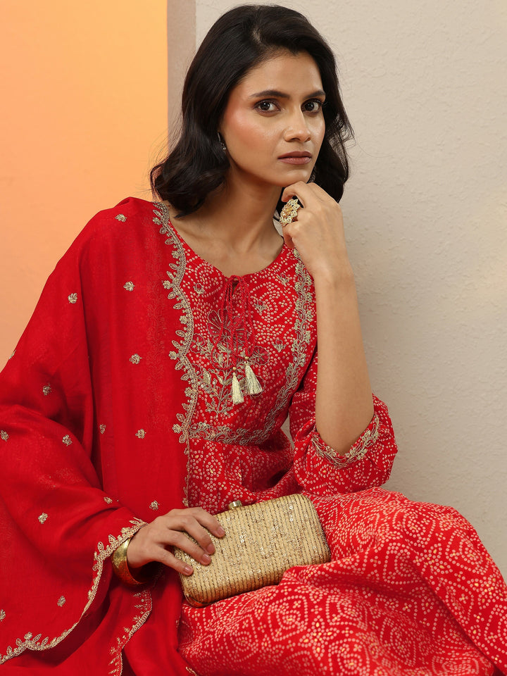 Red Printed Silk Blend  A-Line Suit Set With Dupatta