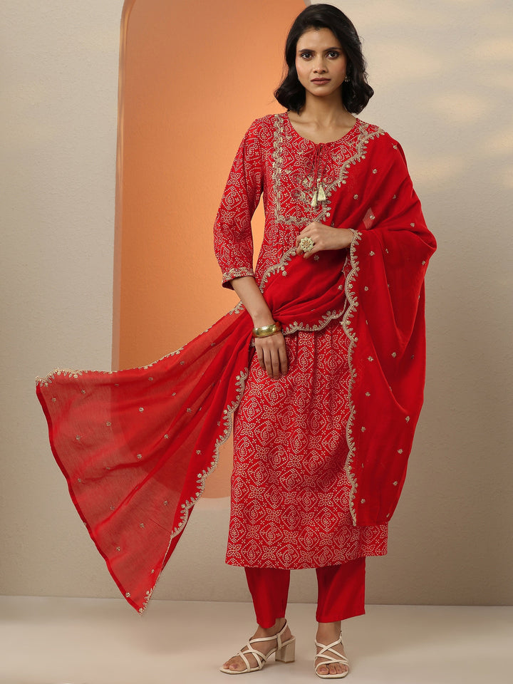 Red Printed Silk Blend  A-Line Suit Set With Dupatta
