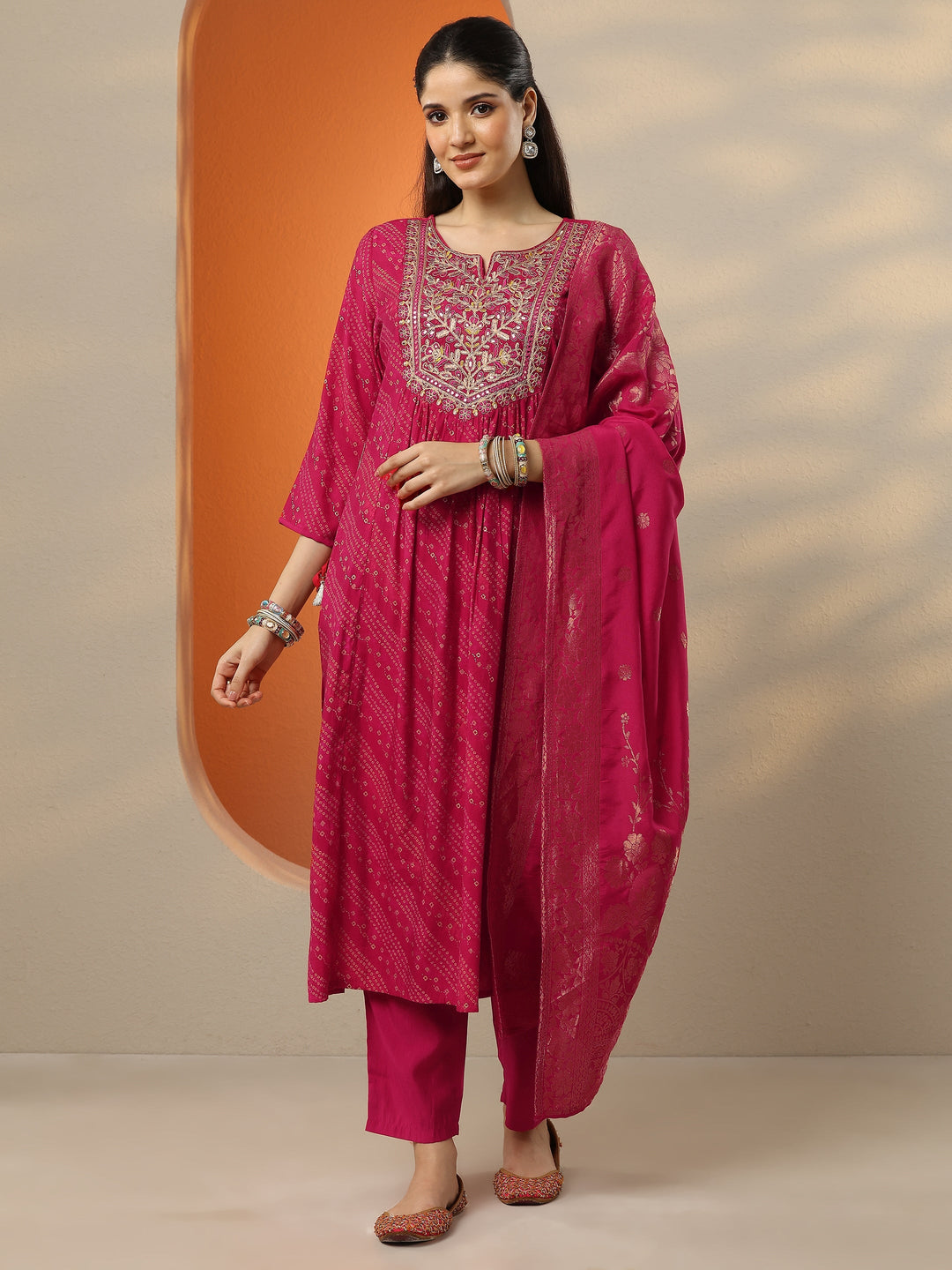 Pink Printed Silk Blend A-Line Suit Set With Dupatta