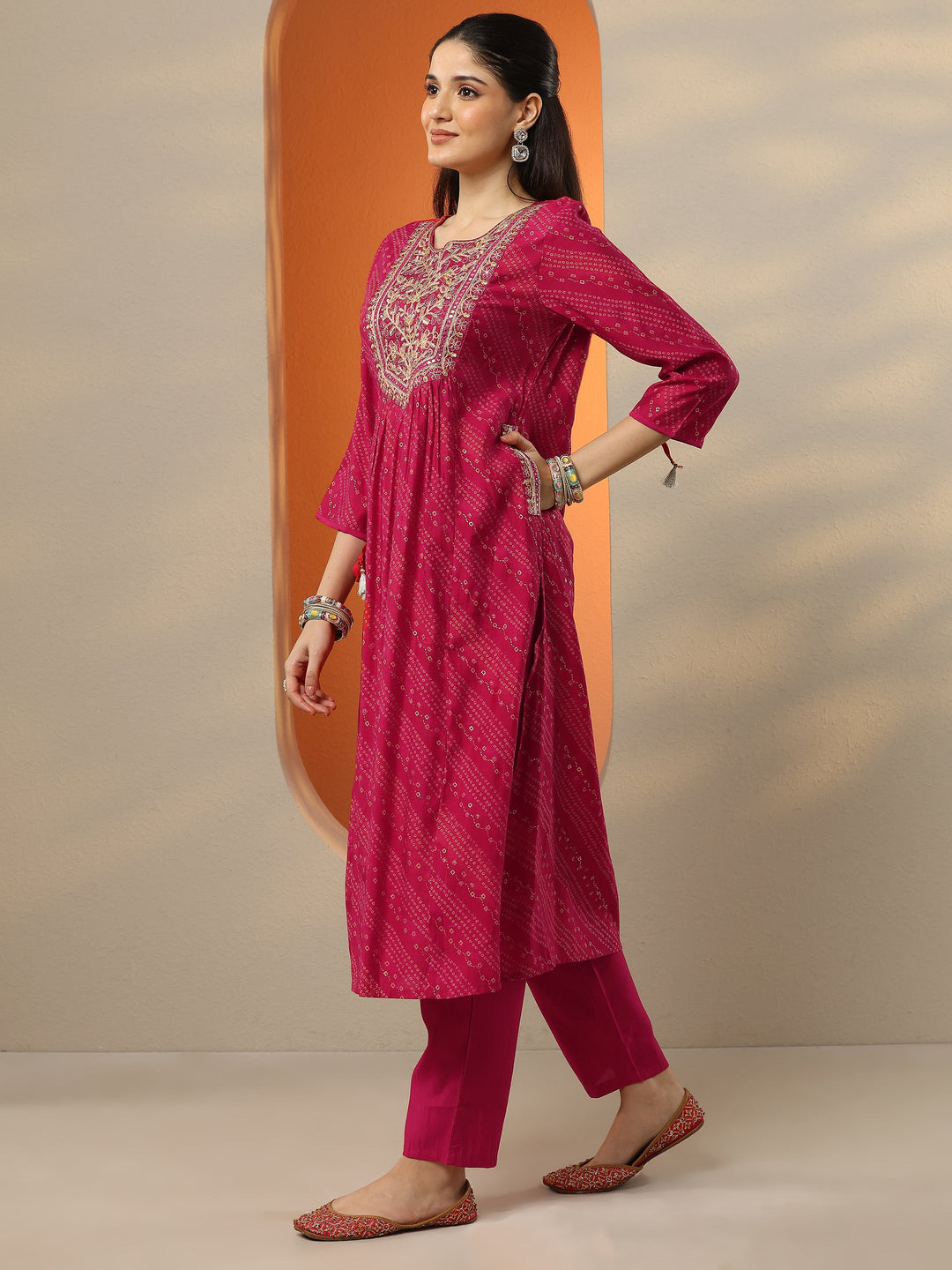 Pink Printed Silk Blend A-Line Suit Set With Dupatta