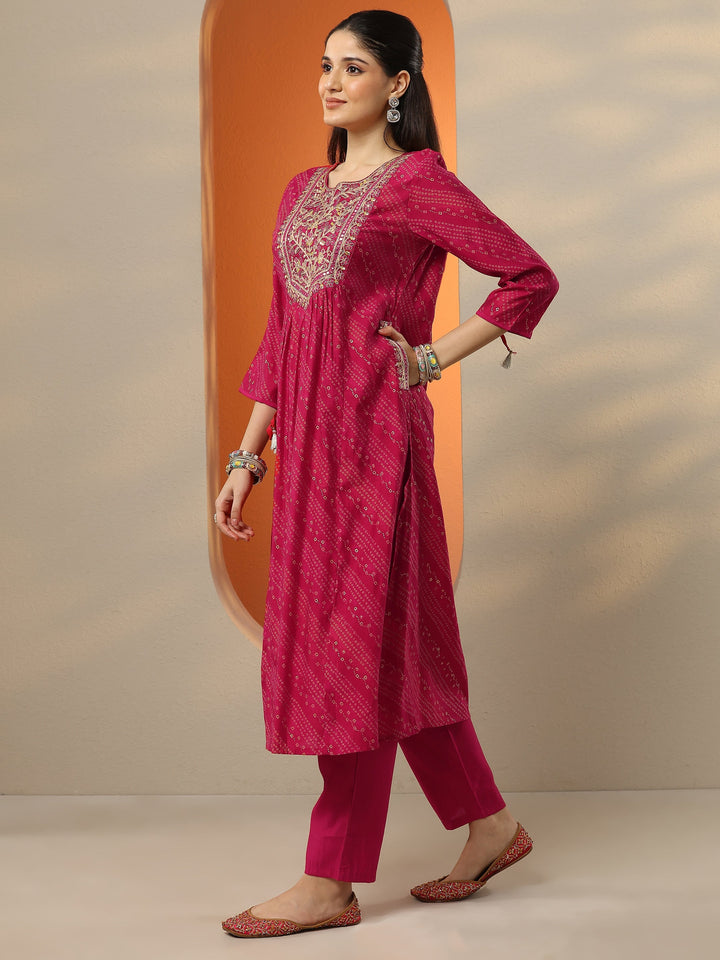 Pink Printed Silk Blend A-Line Suit Set With Dupatta