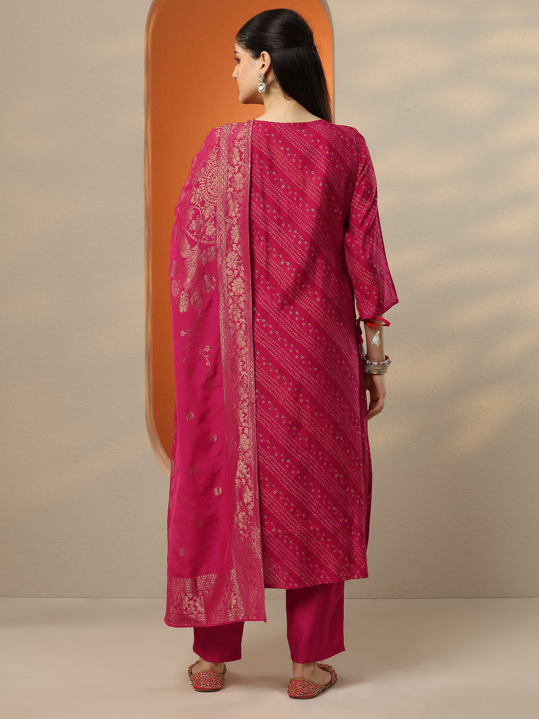 Pink Printed Silk Blend A-Line Suit Set With Dupatta