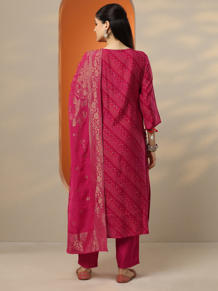 Pink Printed Silk Blend A-Line Suit Set With Dupatta