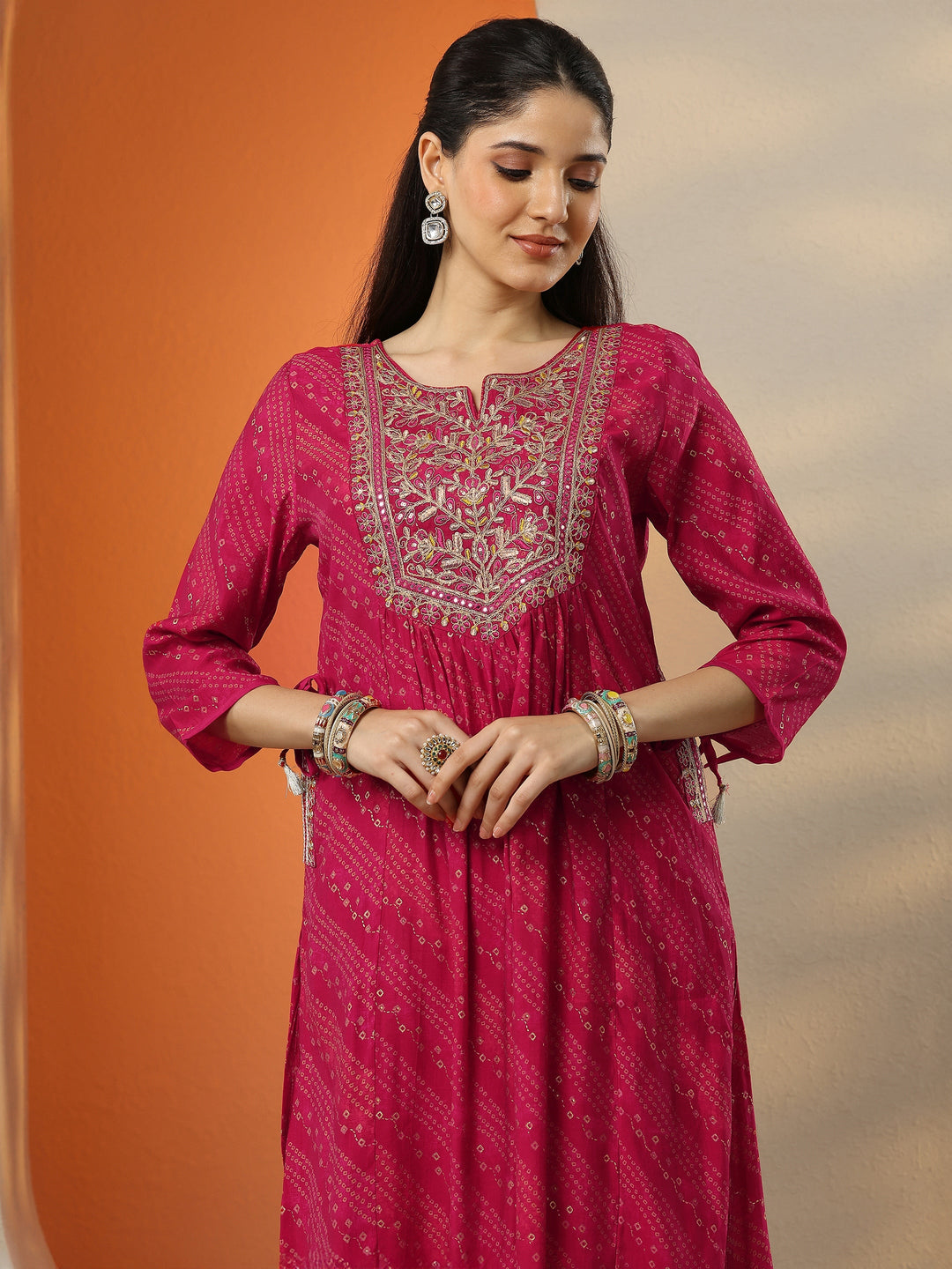 Pink Printed Silk Blend A-Line Suit Set With Dupatta