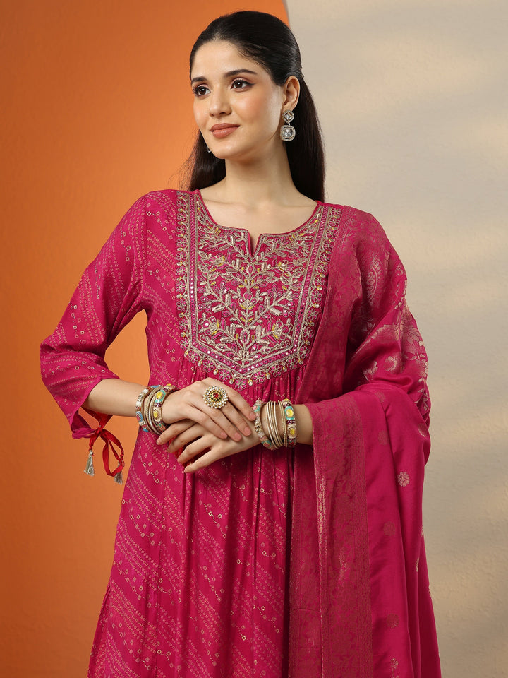 Pink Printed Silk Blend A-Line Suit Set With Dupatta