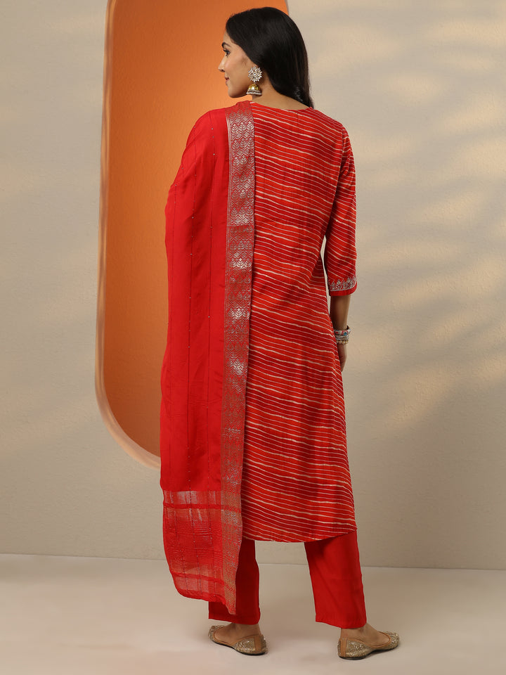 Orange Printed Silk blend Straight Suit Set With Dupatta
