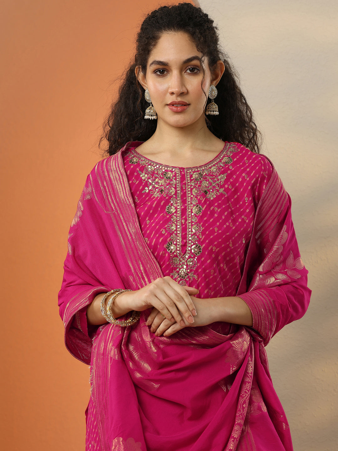 Pink Printed Silk Blend  Straight Suit Set With Dupatta