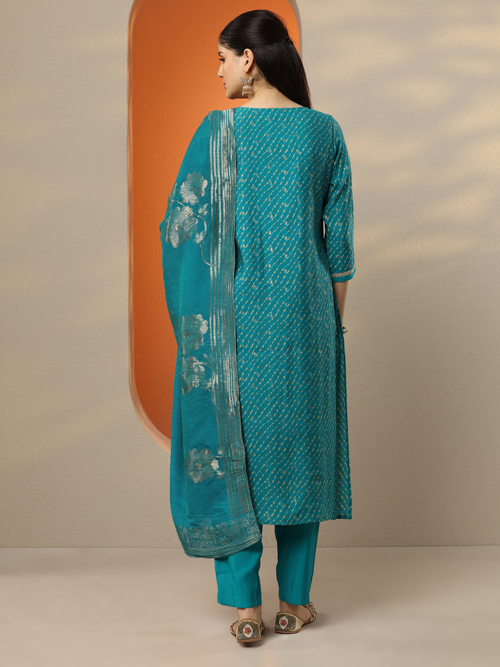Blue Printed Silk blend Straight Suit Set With Dupatta