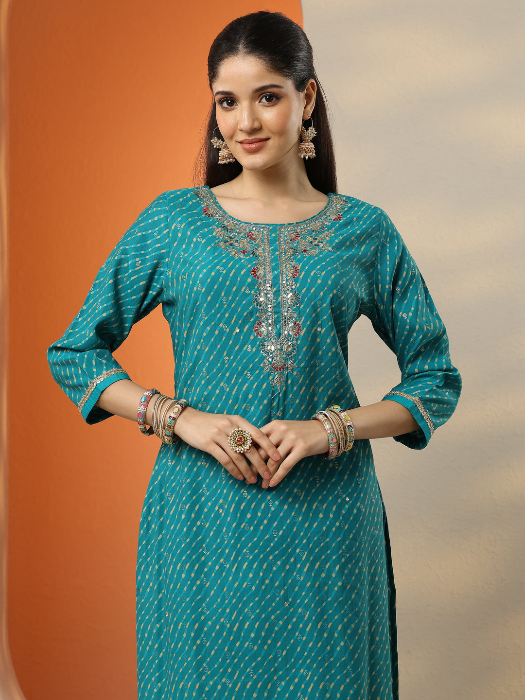 Blue Printed Silk blend Straight Suit Set With Dupatta