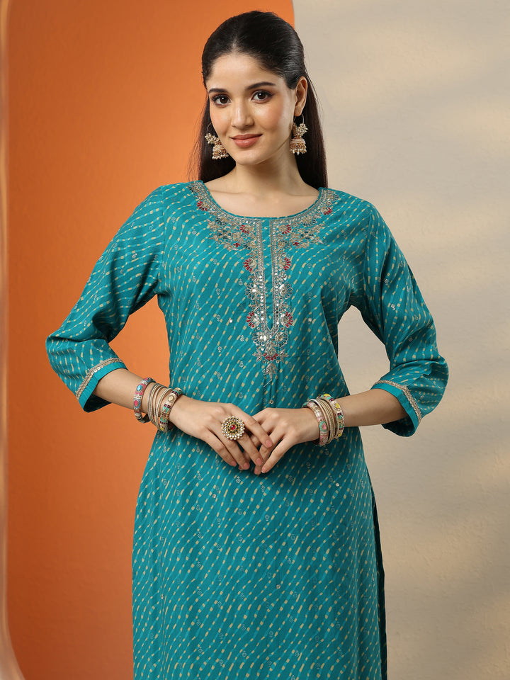 Blue Printed Silk blend Straight Suit Set With Dupatta