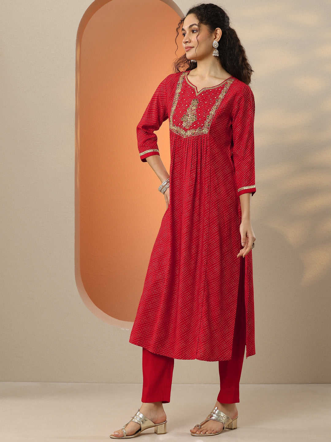 Red Printed Silk Blend  A-Line Suit Set With Dupatta