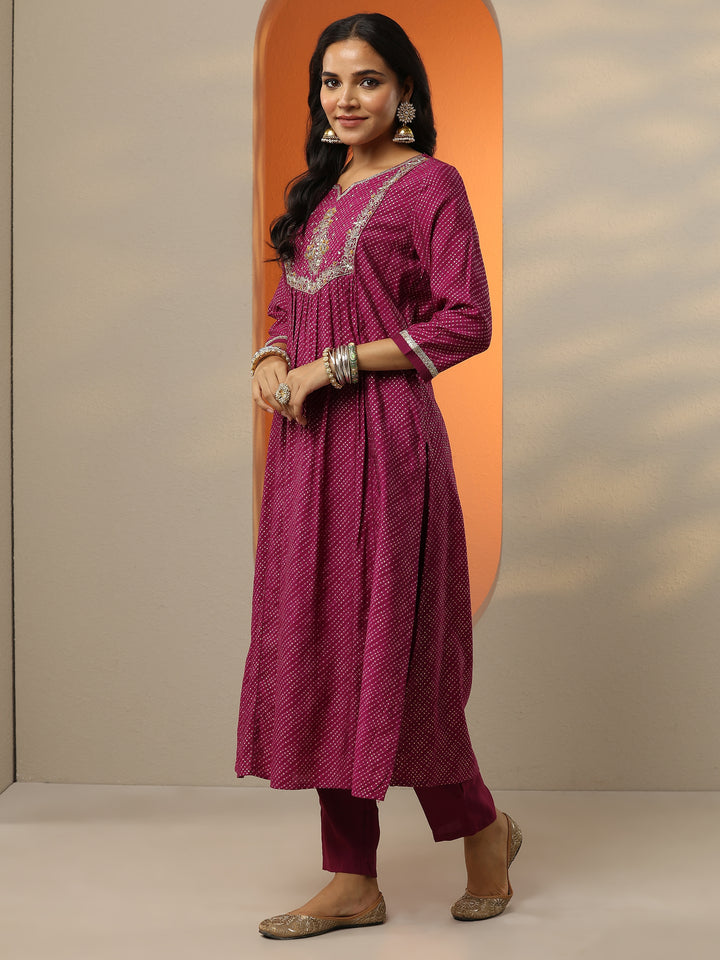 Purple Printed Silk blend A-line Suit Set With Dupatta
