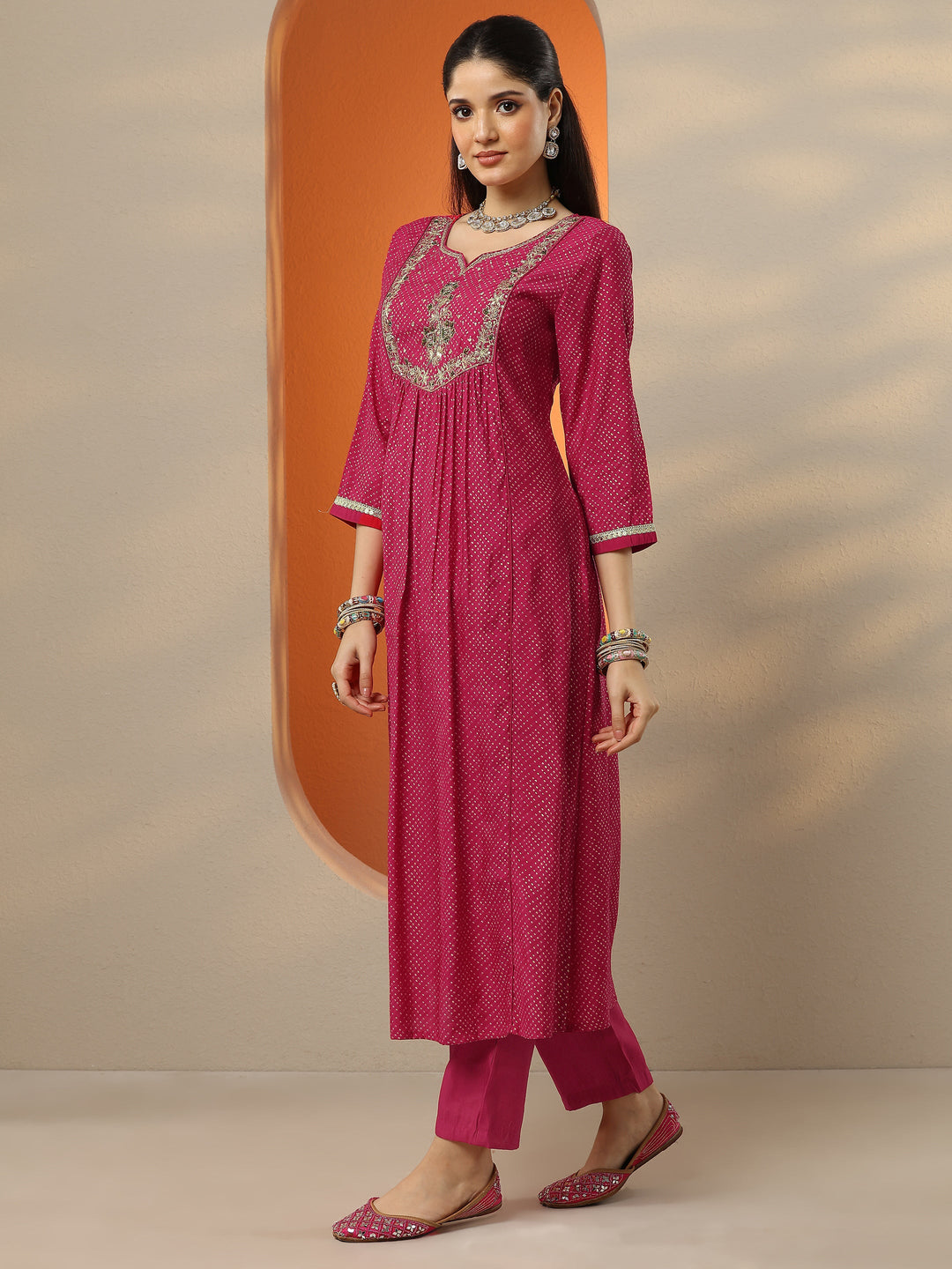 Pink Printed Silk Blend A-Line Suit Set With Dupatta