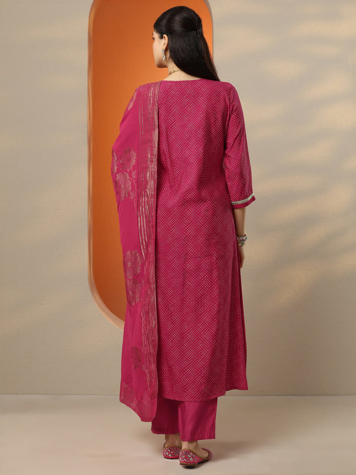 Pink Printed Silk Blend A-Line Suit Set With Dupatta