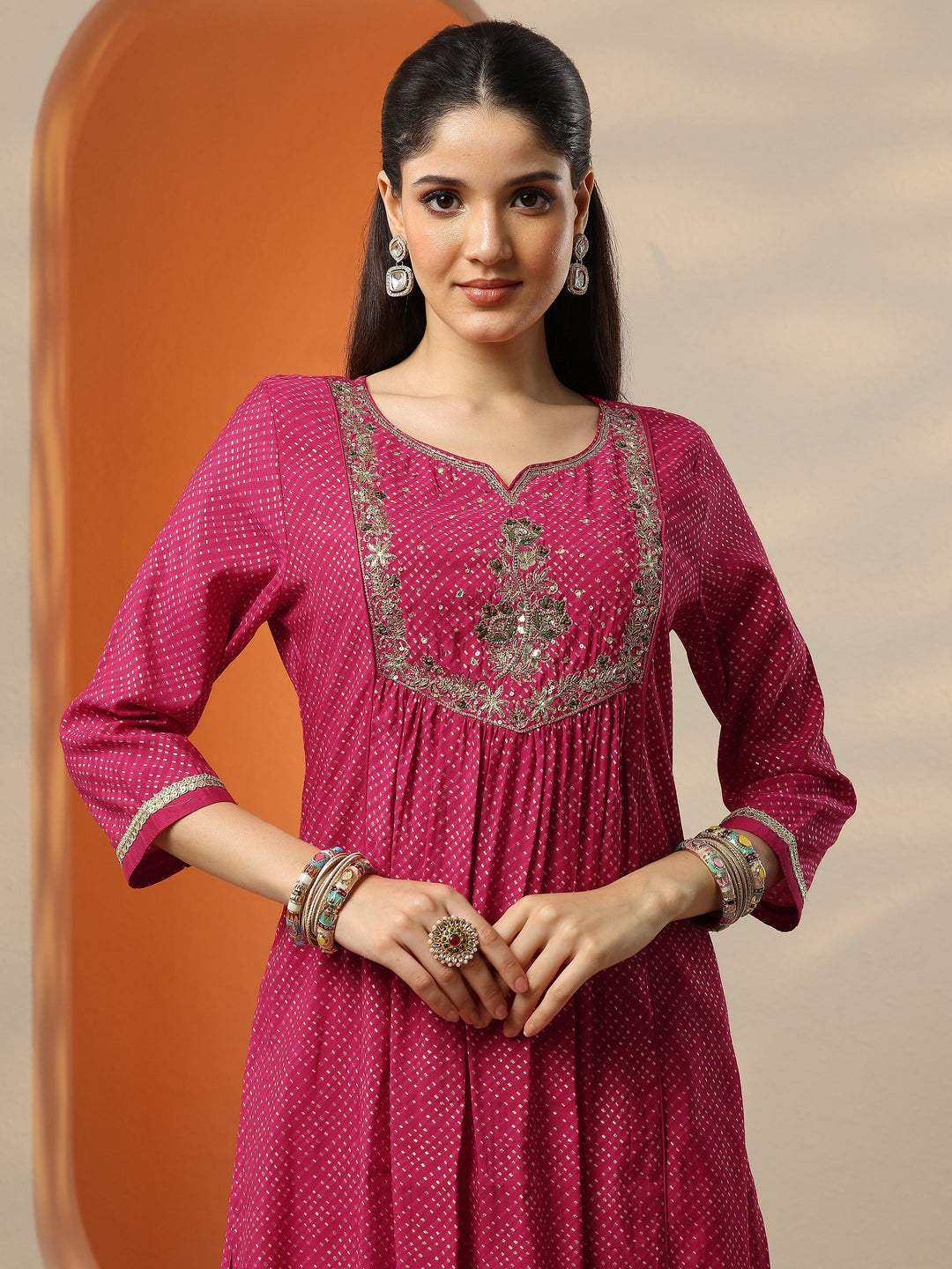Pink Printed Silk Blend A-Line Suit Set With Dupatta