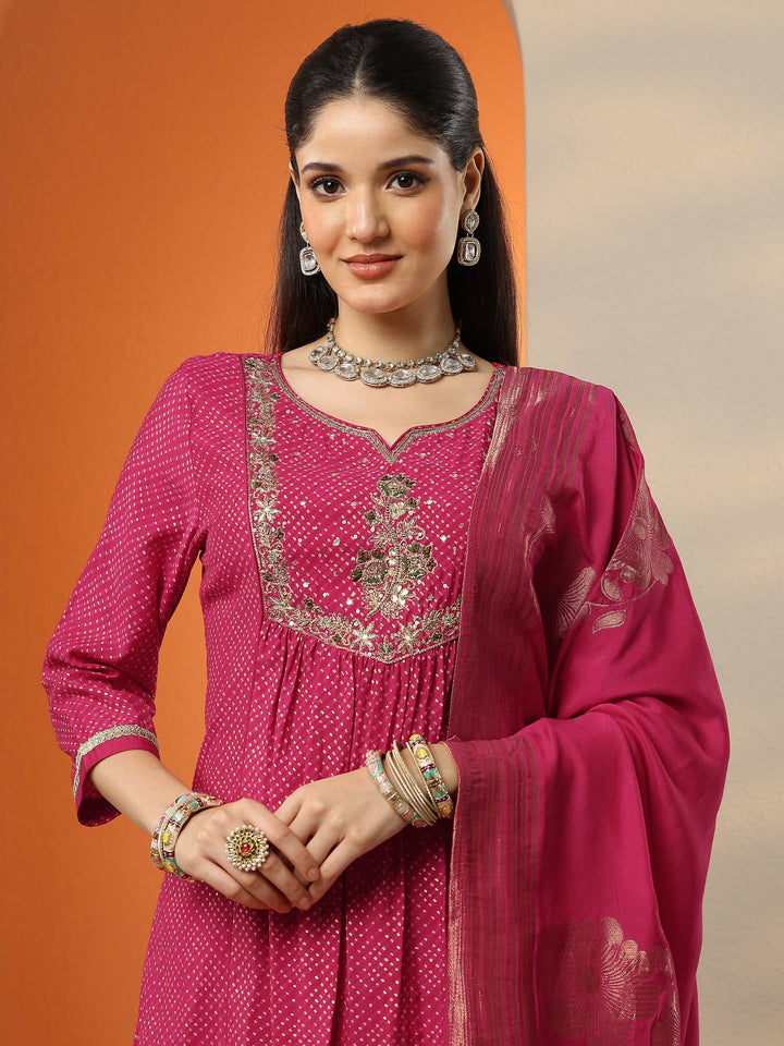 Pink Printed Silk Blend A-Line Suit Set With Dupatta