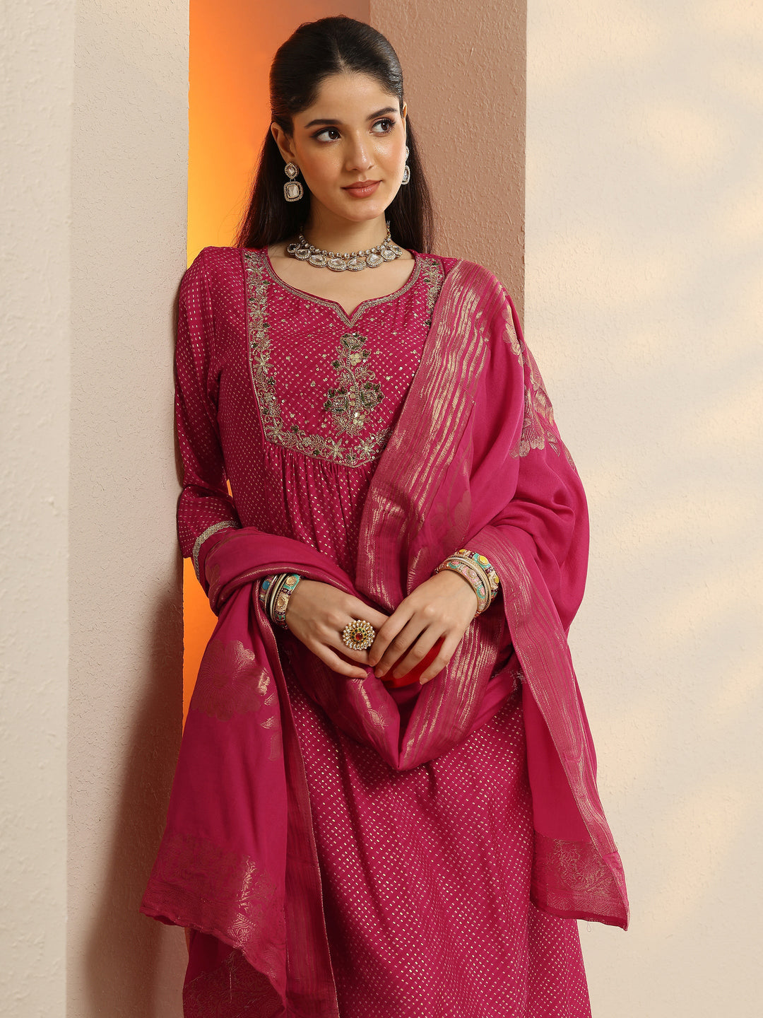 Pink Printed Silk Blend A-Line Suit Set With Dupatta