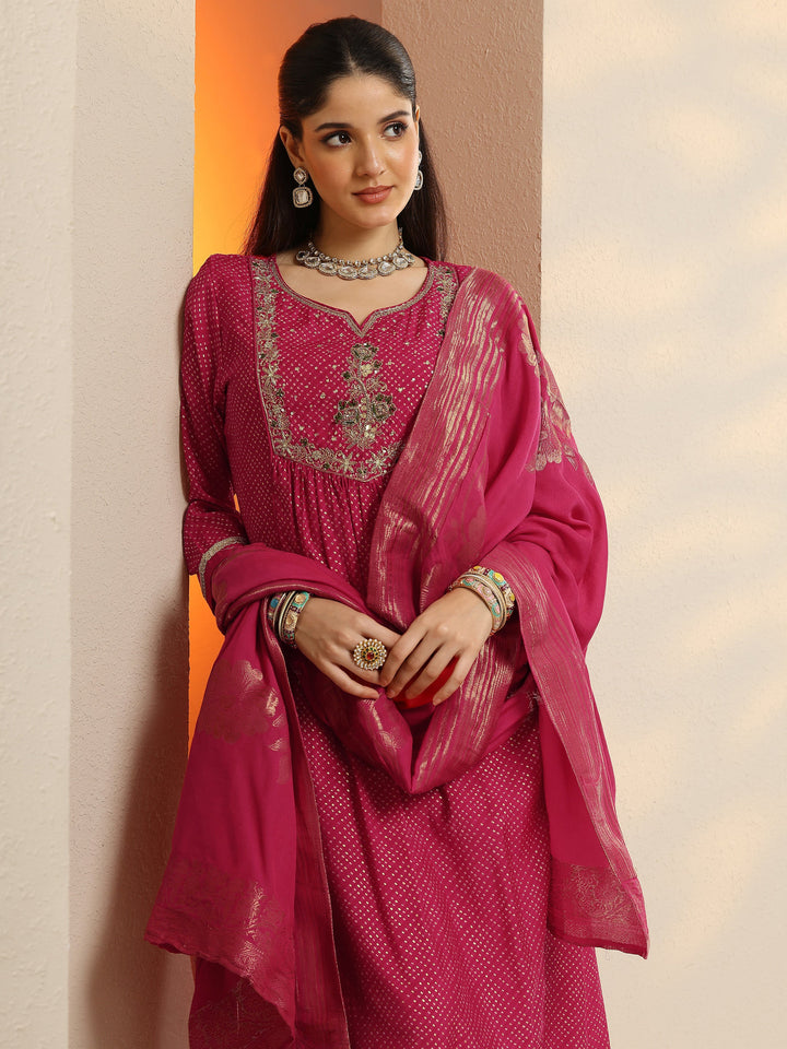 Pink Printed Silk Blend A-Line Suit Set With Dupatta