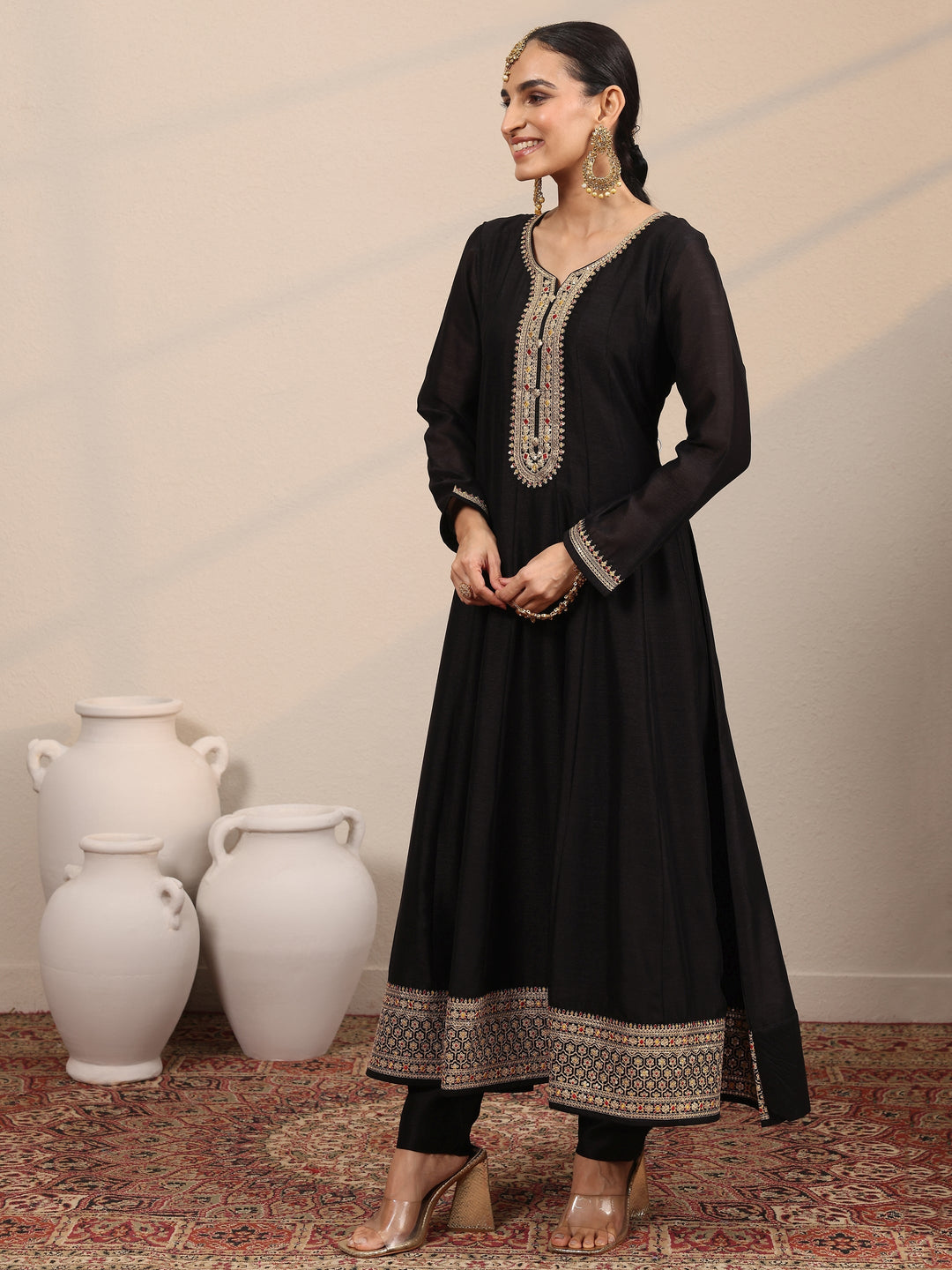Black Yoke Design Silk Blend  Anarkali Suit Set With Dupatta