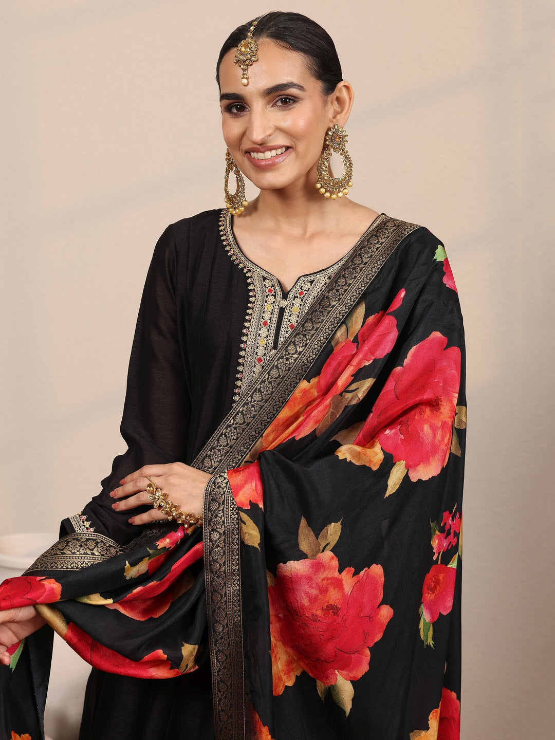 Black Yoke Design Silk Blend  Anarkali Suit Set With Dupatta