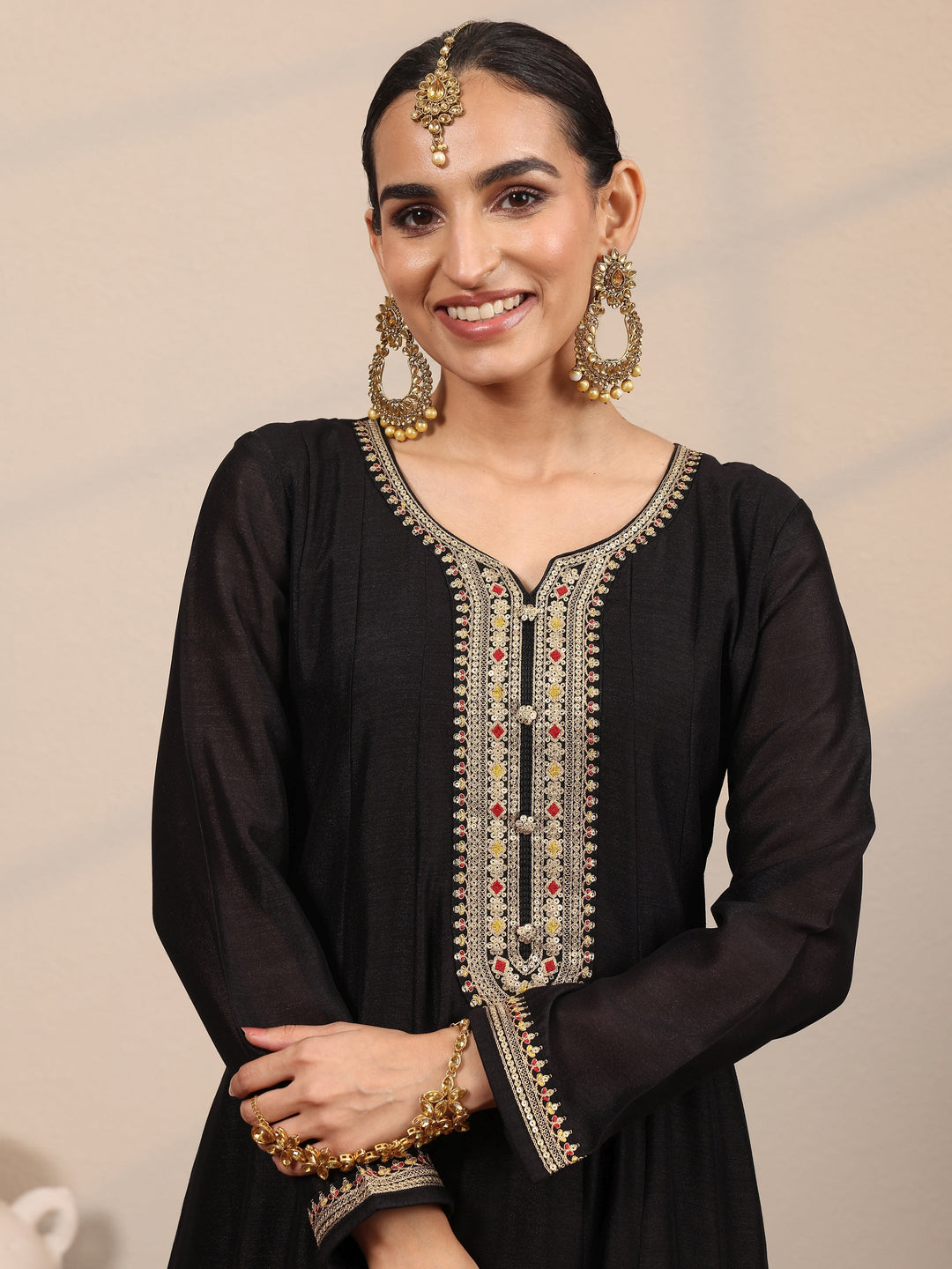 Black Yoke Design Silk Blend  Anarkali Suit Set With Dupatta
