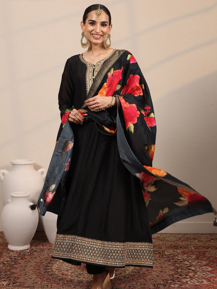 Black Yoke Design Silk Blend  Anarkali Suit Set With Dupatta
