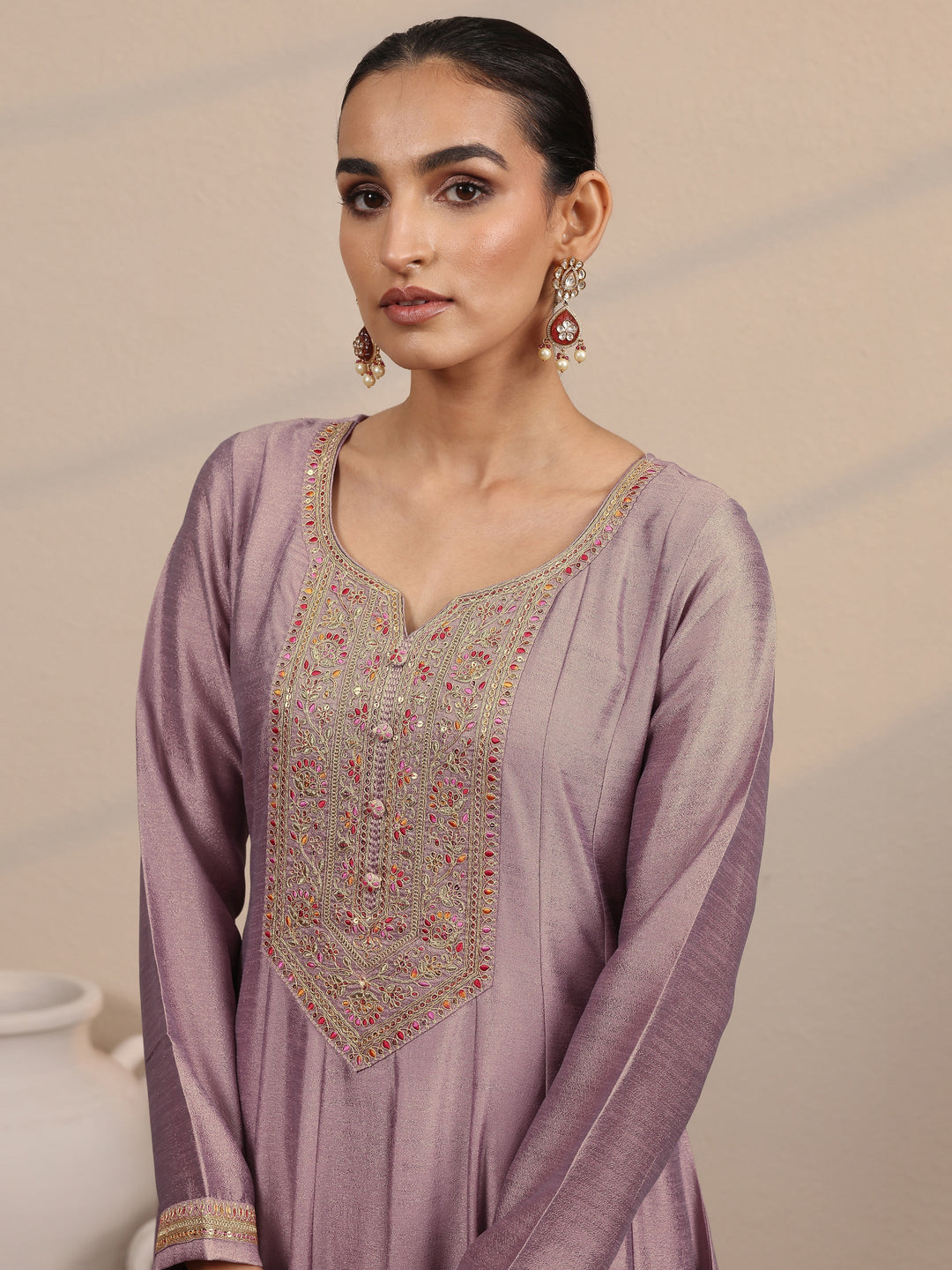 Lavender Yoke Design Silk Blend  Anarkali Suit Set With Dupatta
