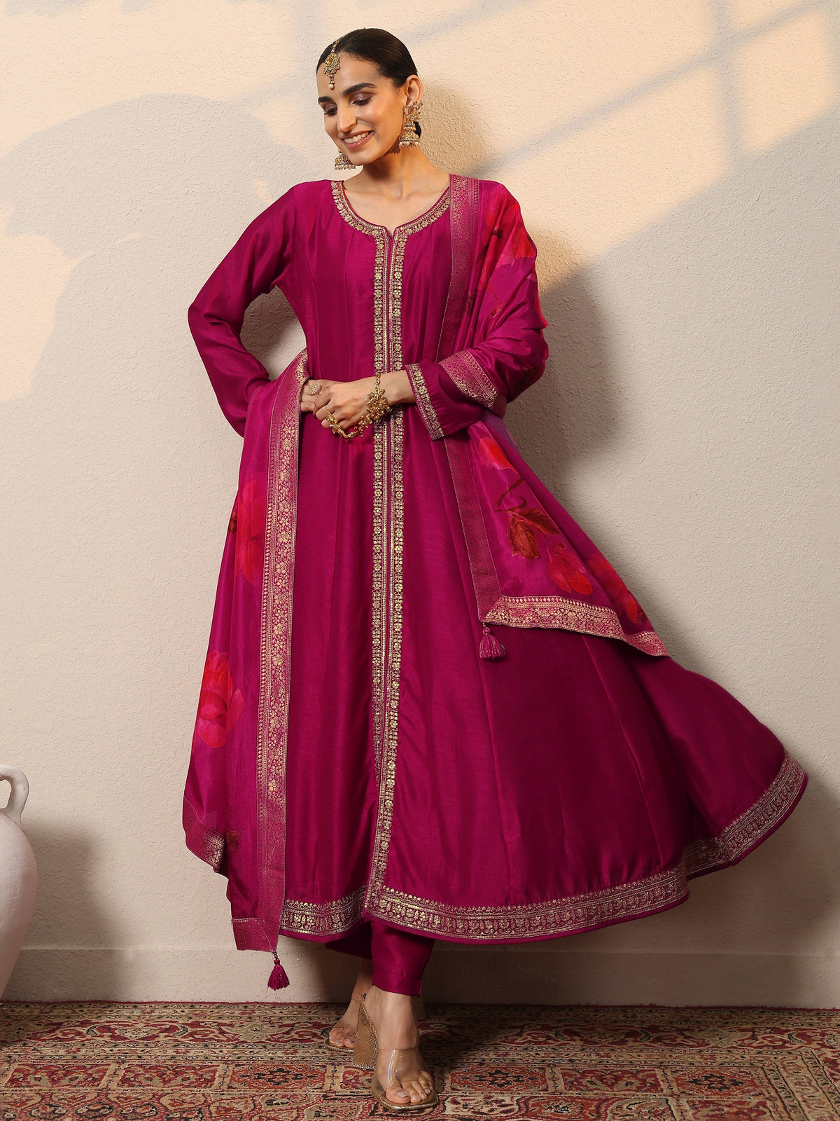 Libas Magenta Embroidered Silk Blend A-Line Suit Set With Dupatta