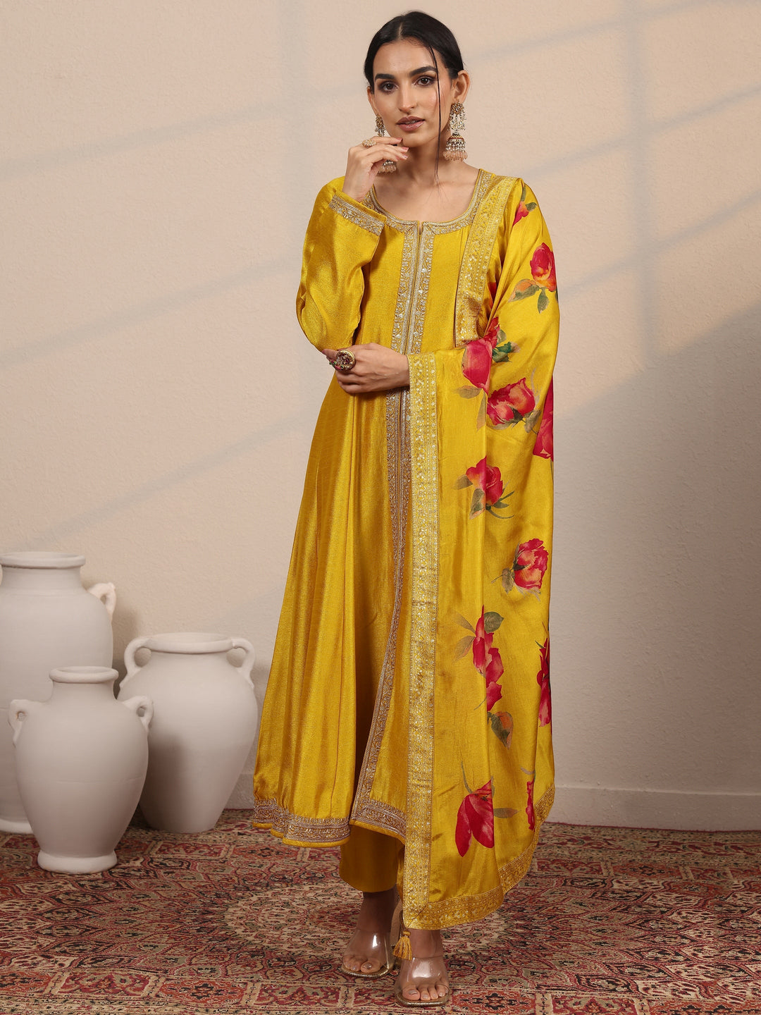 Mustard Embroidered Silk Blend  A-Line Suit Set With Dupatta